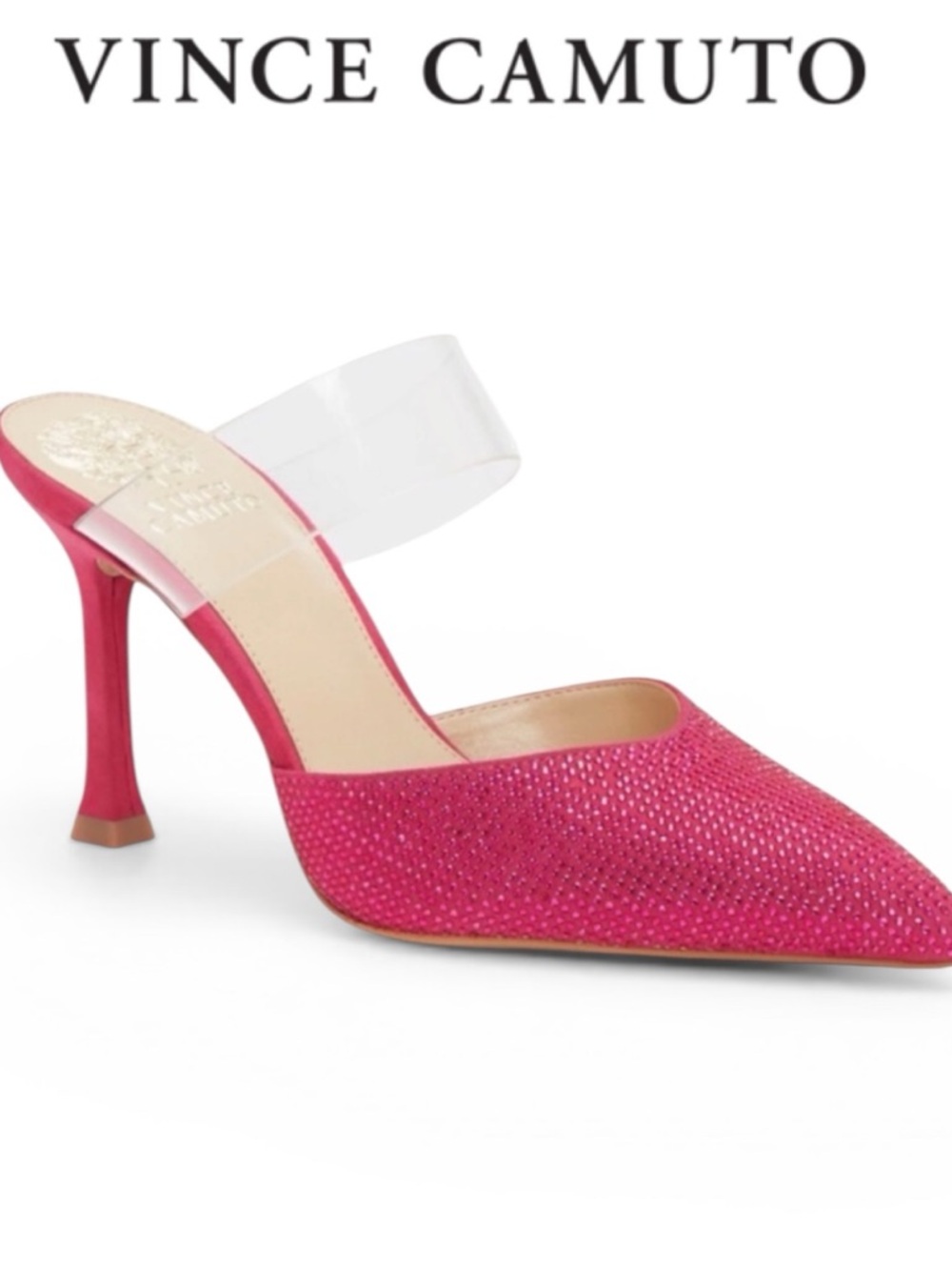 VINCE CAMUTO KEMPERN PINK RHINESTONE MULE HEELS CLEAR STRAP POINTED TOE STILETTO